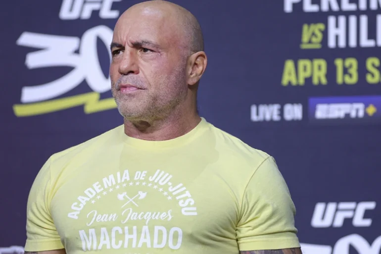 LAS VEGAS, NEVADA - APRIL 12: Joe Rogan MC's during the UFC 300 ceremonial weigh-in at MGM Grand Garden Arena on April 12, 2024 in Las Vegas, Nevada. (Photo by Carmen Mandato/Getty Images)