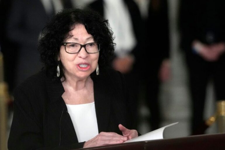 WASHINGTON, DC - DECEMBER 18: Supreme Court Justice Sonia Sotomayor speaks during a private service for retired Supreme Court Justice Sandra Day O'Connor in the Great Hall of the Supreme Court on December 18, 2023 in Washington, DC. O’Connor, the first woman appointed to be a justice on the U.S. Supreme Court, died at 93 on December 1. (Photo by Jacquelyn Martin-Pool/Getty Images)