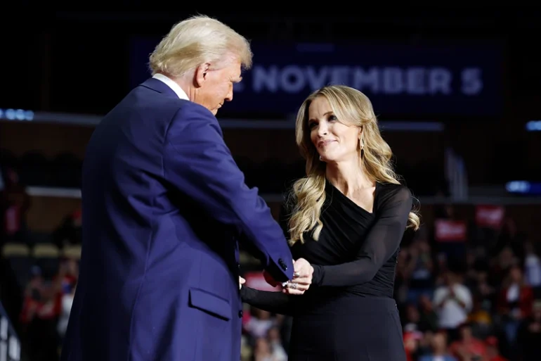 Republican presidential nominee, former President Donald Trump greets media personality Megyn Kelly at his campaign rally at the PPG Paints Arena on November 04, 2024 in Pittsburgh, Pennsylvania. With one day left before the general election, Trump is campaigning for re-election in the battleground states of North Carolina, Pennsylvania and Michigan. (Photo by Chip Somodevilla/Getty Images)