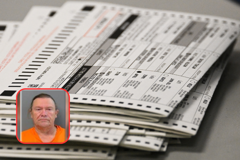 TOPSHOT - A ballot marked for Trump sits in a stack of voted ballots inside the Maricopa County Tabulation and Election Center (MCTEC) on Election Day, November 5, 2024 in Phoenix, Arizona. Pairs of election workers from different political parties open mail-in ballot envelopes containing voted ballots after they completed signature verification. (Photo by Patrick T. Fallon / AFP) (Photo by PATRICK T. FALLON/AFP via Getty Images)