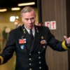 Chair of the NATO Military Committee Rob Bauer gestures as he arrives to give a doorstep press statement during a meeting of NATO foreign ministers in Riga, Latvia November 30, 2021. - NATO foreign ministers meet in the Latvian capital to discuss how to counter a Russian military build-up on Ukraine's border amid fears the Kremlin could be preparing to invade. (Photo by Gints Ivuskans / AFP) (Photo by GINTS IVUSKANS/AFP via Getty Images)