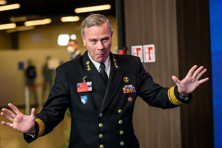 Chair of the NATO Military Committee Rob Bauer gestures as he arrives to give a doorstep press statement during a meeting of NATO foreign ministers in Riga, Latvia November 30, 2021. - NATO foreign ministers meet in the Latvian capital to discuss how to counter a Russian military build-up on Ukraine's border amid fears the Kremlin could be preparing to invade. (Photo by Gints Ivuskans / AFP) (Photo by GINTS IVUSKANS/AFP via Getty Images)