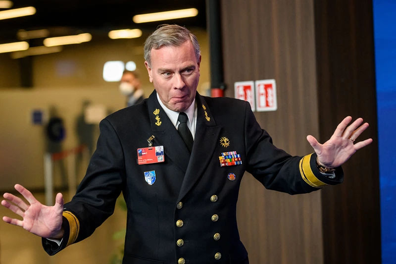 Chair of the NATO Military Committee Rob Bauer gestures as he arrives to give a doorstep press statement during a meeting of NATO foreign ministers in Riga, Latvia November 30, 2021. - NATO foreign ministers meet in the Latvian capital to discuss how to counter a Russian military build-up on Ukraine's border amid fears the Kremlin could be preparing to invade. (Photo by Gints Ivuskans / AFP) (Photo by GINTS IVUSKANS/AFP via Getty Images)