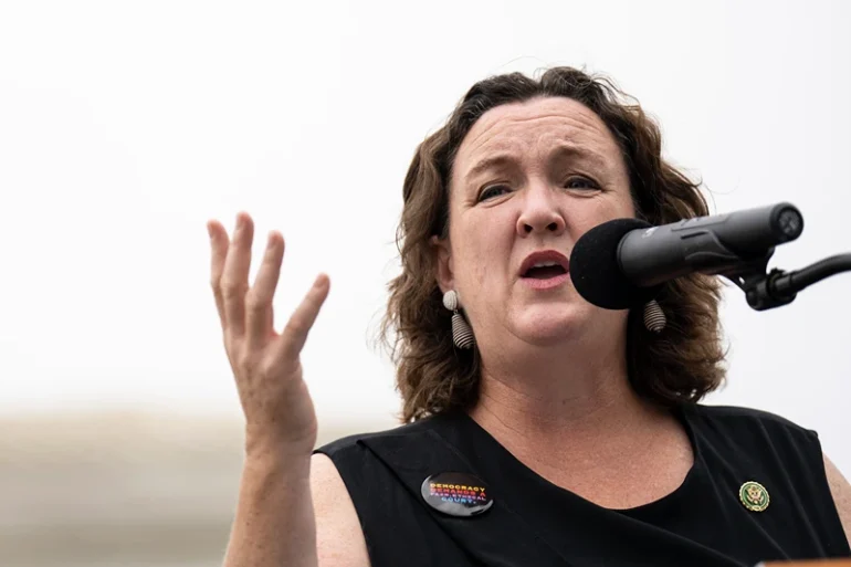 Rep. Katie Porter (D-CA) speaks during a small rally in front of the U.S. Supreme Court calling for ethics reform on the High Court on June 22, 2023 in Washington, DC. The event was hosted by progressive advocacy group People for the American Way. (Photo by Drew Angerer/Getty Images)