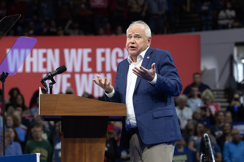 MADISON, WISCONSIN - OCTOBER 22: Democratic vice presidential nominee, Minnesota Gov. Tim Walz speaks at a get-out-the-vote rally on October 22, 2024 in Madison, Wisconsin. Wisconsin polls open today for in-person early voting. (Photo by Scott Olson/Getty Images)