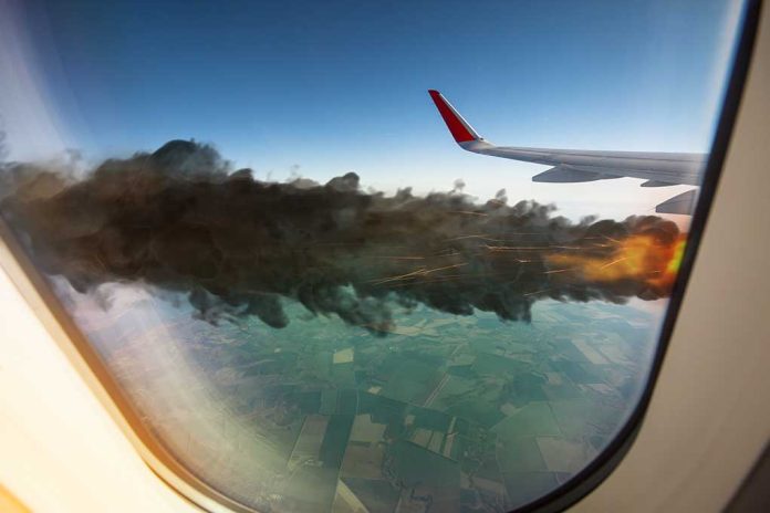 Airplane wing with engine on fire mid-flight.