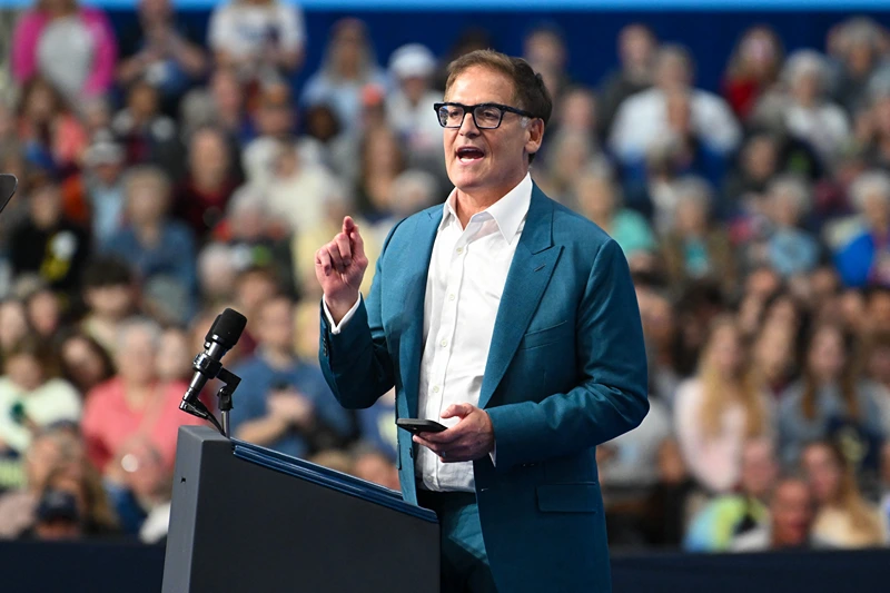 Entrepreneur Mark Cuban speaks at a campaign event for US Vice President Democratic presidential nominee Kamala Harris at University Wisconsin-La Crosse in La Crosse, Wisconsin, on October 17, 2024. (Photo by Craig Lassig / AFP) (Photo by CRAIG LASSIG/AFP via Getty Images)