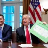 US President Donald Trump, with US Congressman Sean Duffy (L), holds a tariff table as he speaks in the Cabinet Room of the White House on January 24, 2019. - Trump spoke about the unfair trade practices at play in the world. (Photo by MANDEL NGAN / AFP) (Photo credit should read MANDEL NGAN/AFP via Getty Images)