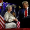 WEST PALM BEACH, FLORIDA - NOVEMBER 05: Republican presidential nominee, former U.S. President Donald Trump praises his campaign senior advisor Susie Wiles during an election night event at the Palm Beach Convention Center on November 06, 2024 in West Palm Beach, Florida. Americans cast their ballots today in the presidential race between Republican nominee former President Donald Trump and Vice President Kamala Harris, as well as multiple state elections that will determine the balance of power in Congress. (Photo by Chip Somodevilla/Getty Images)