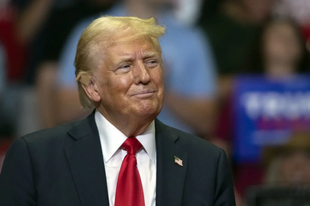 GRAND RAPIDS, MICHIGAN - JULY 20: Republican Presidential nominee former President Donald J. Trump holds his first public campaign rally with his running mate, Vice Presidential nominee U.S. Senator J.D. Vance (R-OH) (not pictured), at the Van Andel Arena on July 20, 2024 in Grand Rapids, Michigan. This is also Trump's first public rally since he was shot in the ear during an assassination attempt in Pennsylvania on July 13. Photo by Bill Pugliano/Getty Images)