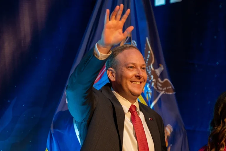 New York Rupublican gubernatorial candidate Lee Zeldin waves to supporters at his election night party on November 8, 2022 in New York City. Despite multiple outlets calling the race for New York Gov. Kathy Hochul, Zeldin did not concede in his speech. (Photo by David Dee Delgado/Getty Images)