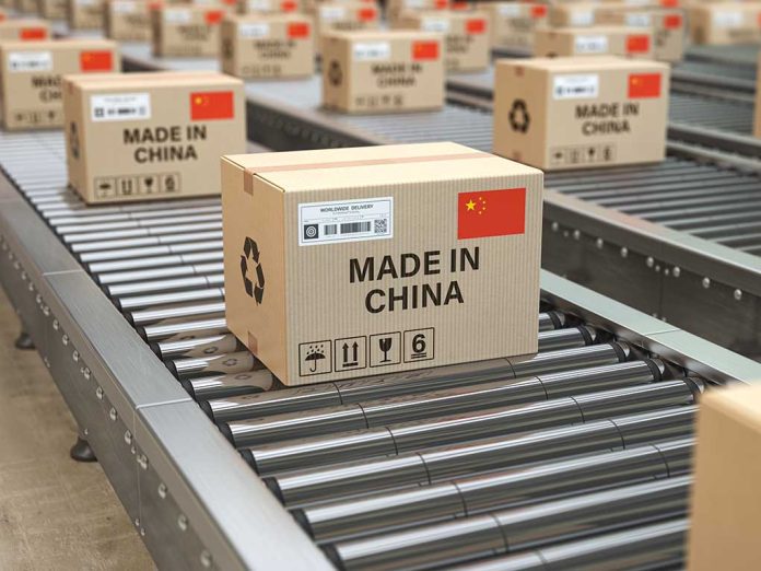 Boxes labeled made in China on conveyor belts.