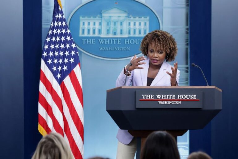 WASHINGTON, DC - NOVEMBER 07: White House Press Secretary Karine Jean-Pierre speaks during a daily news briefing in the James S. Brady Press Briefing Room at the White House on November 7, 2024 in Washington, DC. Jean-Pierre discussed the importance of a peaceful transition of power to the Trump administration. (Photo by Alex Wong/Getty Images)