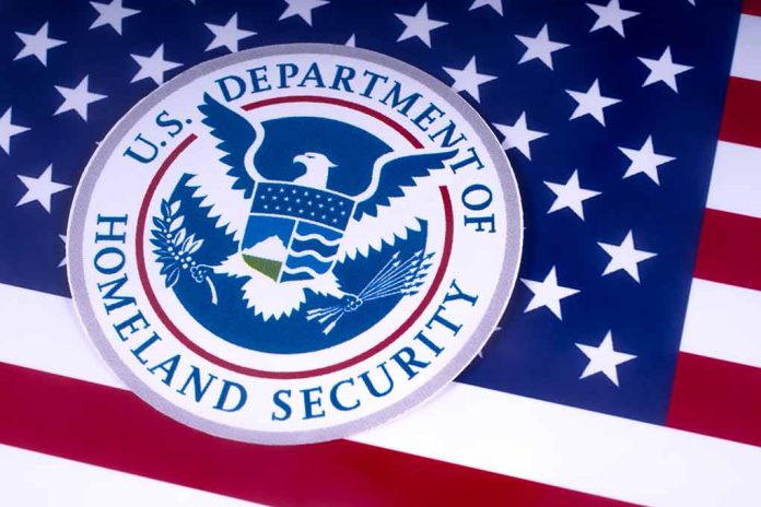 Department of Homeland Security emblem on American flag