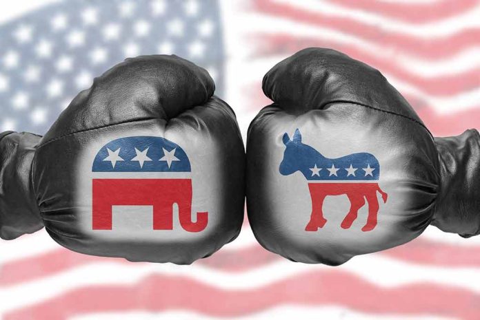 Boxing gloves with political party symbols.