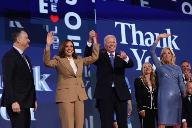 CHICAGO, ILLINOIS - AUGUST 19: (L-R) Second Gentleman Doug Emhoff, Democratic presidential candidate, U.S. Vice President Kamala Harris, U.S. President Joe Biden and First Lady Jill Biden appear onstage during the first day of the Democratic National Convention at the United Center on August 19, 2024 in Chicago, Illinois. Delegates, politicians, and Democratic party supporters are in Chicago for the convention, concluding with current Vice President Kamala Harris accepting her party's presidential nomination. The DNC takes place from August 19-22. (Photo by Justin Sullivan/Getty Images)