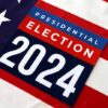 Presidential Election 2024 sign on American flag.