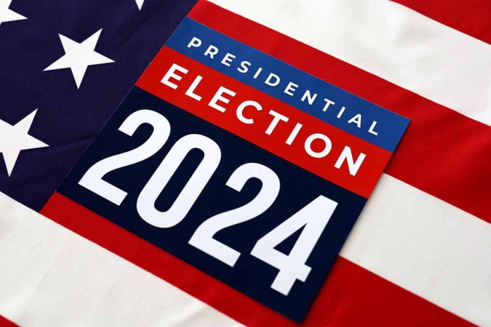 Presidential Election 2024 sign on American flag.