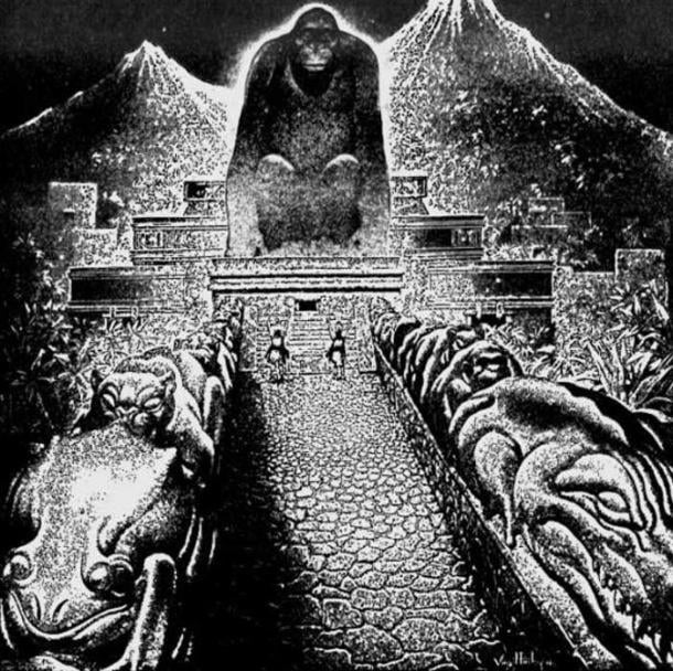 Artist Virgil Finlay's conceptional drawing of Theodore Moore's "Lost City of the Monkey God". Originally published in The American Weekly, September 22, 1940