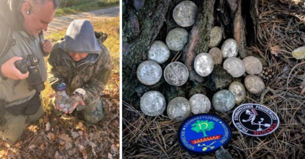 Left, finders with the coins, right, the coins by a tree.