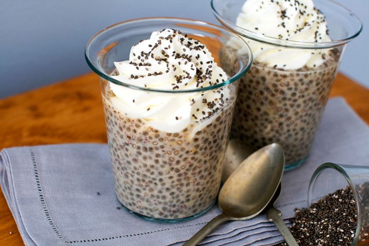 Chia seeds take on a tapioca-like consistency when soaked in a liquid such as almond milk, and result in a thick pudding, as shown here.