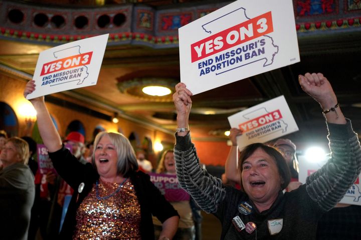 People at an election night watch party react after an abortion rights amendment in Missouri passed.