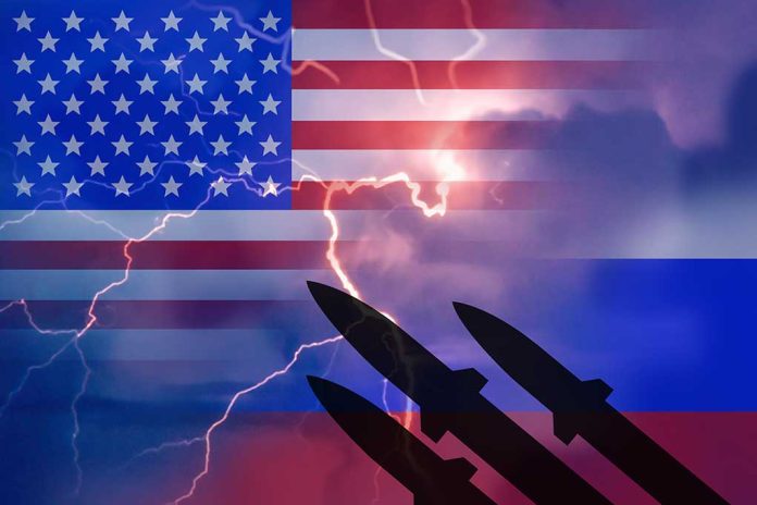 U.S. and Russian flags with missiles and lightning.