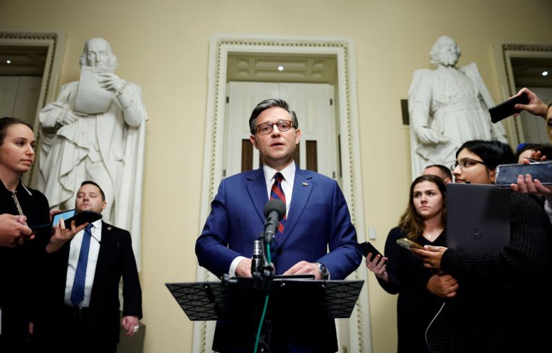 WASHINGTON, DC - DECEMBER 19: U.S. Speaker of the House Mike Johnson (R-LA) speaks to reporters outside of the House Chambers in the U.S. Capitol on December 19, 2024 in Washington, DC. House Republicans are working to pass a new deal to avert a government shutdown with a continuing budget resolution that is supported by President-elect Donald Trump (Photo by Kevin Dietsch/Getty Images)