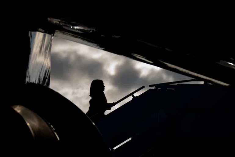 MILWAUKEE, WISCONSIN - NOVEMBER 2: Democratic presidential nominee, U.S. Vice President Kamala Harris boards her plane at Milwaukee Mitchell International Airport on November 2, 2024 in Milwaukee, Wisconsin. With three days until election day, Harris will head to rallies in Atlanta, Georgia and Charlotte, North Carolina. (Photo by Andrew Harnik/Getty Images)