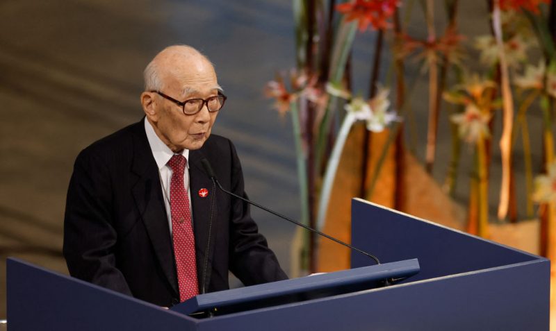 Terumi Tanaka, co-chair of the 2024 Nobel Peace Prize laureate Japan's atomic bomb survivors' group Nihon Hidankyo, gives a speech after the group was awarded with the 2024 Nobel Peace Prize on December 10, 2024 at Oslo City Hall in Oslo, Norway. Survivors of the US atomic bombings of Japan received the Nobel Peace Prize 2024 but, after years of anti-nuclear campaigning and showing the world their scars, they still retain the painful memories of the discrimination they have faced. (Photo by Odd ANDERSEN / AFP) (Photo by ODD ANDERSEN/AFP via Getty Images)