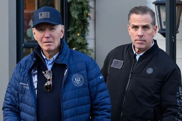 A November 29, 2024 photo shows US President Joe Biden and son Hunter Biden stepping out of a bookstore while shopping in Nantucket, Massachusetts on November 29, 2024. Biden on Sunday issued an official pardon for his son Hunter, who is facing sentencing for two criminal cases related to tax evasion and the purchase of a firearm. (Photo by Mandel NGAN / AFP) (Photo by MANDEL NGAN/AFP via Getty Images)