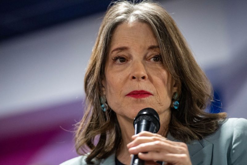 Democratic presidential hopeful Marianne Williamson speaks during a campaign event at Teatotaller's Cafe in Concord, New Hampshire, on January 17, 2024. (Photo by Joseph Prezioso / AFP) (Photo by JOSEPH PREZIOSO/AFP via Getty Images)