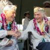 HONOLULU, HI - DECEMBER 07: One Hundred-year-old Veteran Warren Upton, from the USS Utah, wishes happy birthday to and Pearl harbor survivor, Navy Chief, Joseph Mariani, who turns 100 on December 12th as Pearl Harbor Commemorates the 78th Anniversary Of World War II Attacks at the Pearl Harbor National Memorial on December 7, 2019 in Honolulu, Hawaii. On the morning of December 7, 1941 the Japanese mounted a surprise military air strike on the naval base at Pearl Harbor leading to the United States' formal entry into World War II the next day. 2,335 were killed in the attack and dozens of naval ships were damaged or sunk. (Photo by Kat Wade/Getty Images)