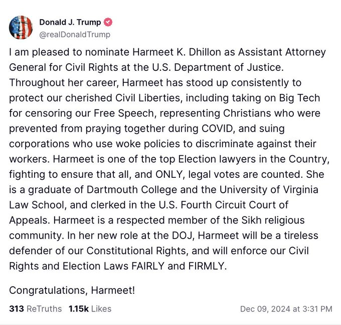 President Trump Nominates Harmeet Dhillon as Assistant Attorney General for Civil Rights * 100PercentFedUp.com * by Kaley