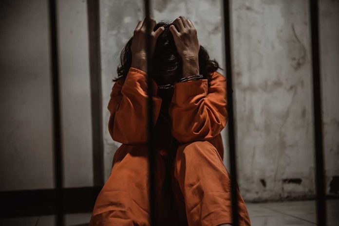 Person sitting in jail cell wearing orange jumpsuit