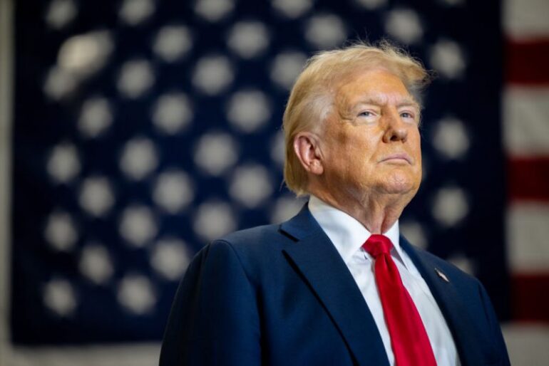 MINT HILL, NORTH CAROLINA - SEPTEMBER 25: Republican presidential nominee, former U.S. President Donald Trump pauses before speaking during a campaign rally at the Mosack Group warehouse on September 25, 2024 in Mint Hill, North Carolina. Trump continues to campaign in battleground swing states ahead of the November 5 presidential election. (Photo by Brandon Bell/Getty Images)