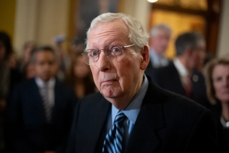 Senate Minority Leader Mitch McConnell (R-KY) takes a question from a reporter during a news conference following the weekly Senate Republican policy luncheon at the U.S. Capitol on November 19, 2024 in Washington, DC. During the news conference Senate Republicans discussed U.S. President-elect Donald Trump's desire for recess appointments, if Congress will pass a continuing resolution or an omnibus bill at the end of the year, and other topics. (Photo by Andrew Harnik/Getty Images)