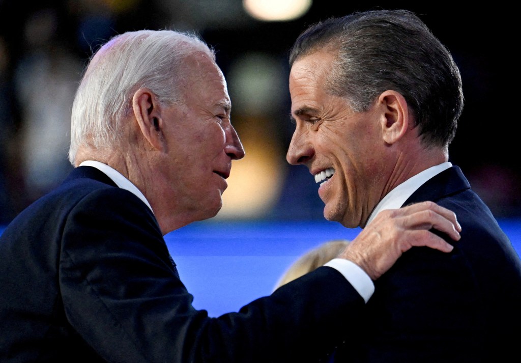 President Joe Biden greets his son Hunter Biden at the Democratic National Convention (DNC) in Chicago, Illinois, U.S. August 19, 2024.