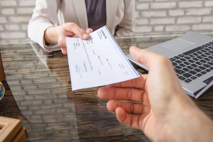 Hands exchanging a check near a laptop.