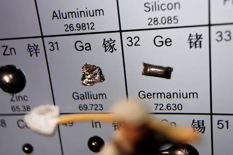 A worker miniature is placed near the elements of Gallium and Germanium on a periodic table, in this illustration picture taken on July 6, 2023. REUTERS/Florence Lo/Illustration