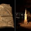 Left; the boulder with tortoise marking engraved. Right; Manot Cave, Galilee, Israel.