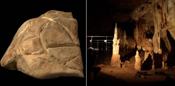 Left; the boulder with tortoise marking engraved. Right; Manot Cave, Galilee, Israel.