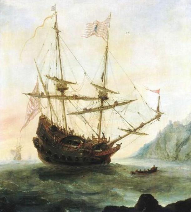 A painting of a Portuguese ship in the water