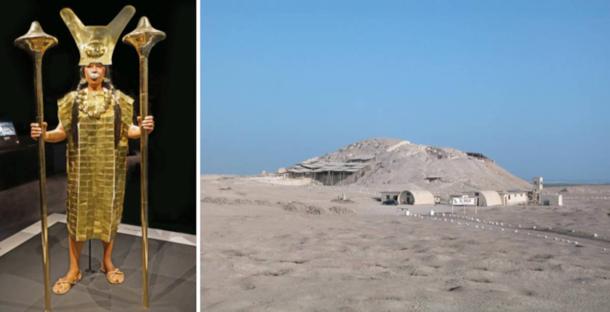 Left; Reconstruction of the Lady of Cao. Right; Huaca Cao Viejo temple at the El Brujo archaeological complex in Peru.