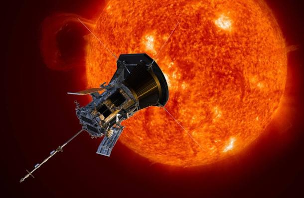 An artist’s conception of the Parker Solar Probe as it hurtles through the Sun’s atmosphere.