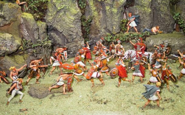 Part of exhibit at the Plassenburg Zinnfiguren Museum in Kulmbach, Germany, depicting warfare between Romans and Barbarians with hand-painted tin soldiers.