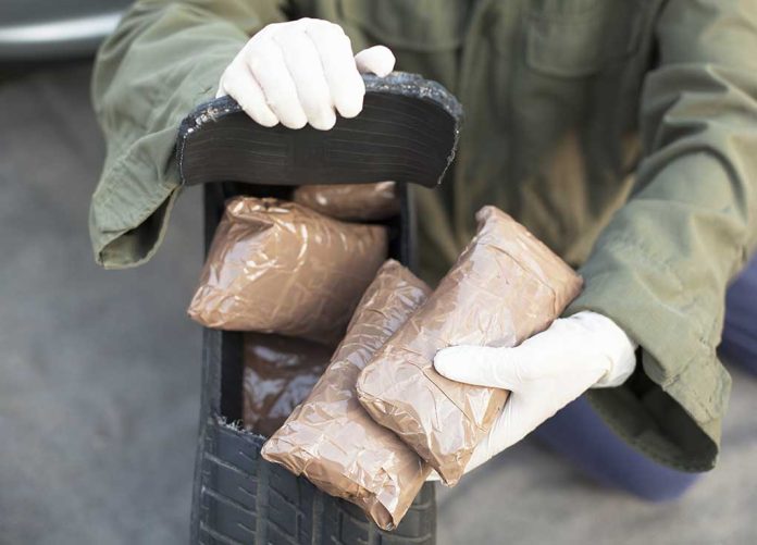 Person handling packages wearing gloves and green jacket