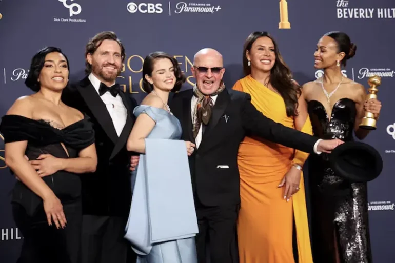 Adriana Paz, Edgar Ramirez, Selena Gomez, Jacques Audiard, Karla Sofia Gascon, and Zoe Saldana, winners of the Best Motion Picture - Musical or Comedy award for "Emilia Perez," pose at the 82nd Golden Globe Awards in Beverly Hills, California, U.S., January 5, 2025. REUTERS/Mario Anzuoni/File Photo