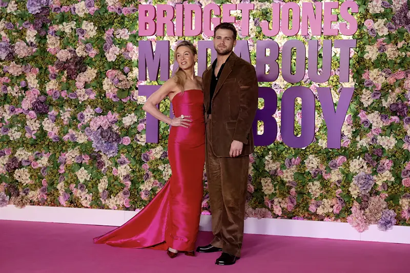 Cast members Renee Zellweger and Leo Woodall attend the world premiere of the film "Bridget Jones: Mad About the Boy" at Leicester Square in London, Britain, January 29, 2025. REUTERS/Isabel Infantes