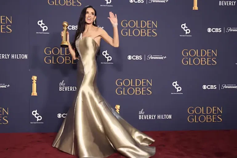 Demi Moore poses with the award for Best Performance by an Actress in a Motion Picture - Musical or Comedy, for The Substance, at the 82nd Golden Globe Awards in Beverly Hills, California, U.S., January 5, 2025. REUTERS/Mario Anzuoni/File photo